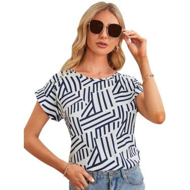 Imagem de Blusa Floerns feminina de manga curta azul e branca