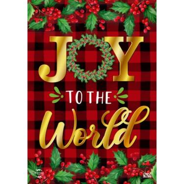Imagem de Briarwood Lane Bandeira de jardim dupla face Joy to The World Natal Bagas quadriculadas 31,7 cm x 45,7 cm