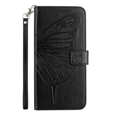 Imagem de Capa carteira para Google Pixel 9 Pro XL, capa flip de couro de borboleta e flor em relevo com suporte para cartão, com alça de pulso capa protetora para iPhone 16 (preto)