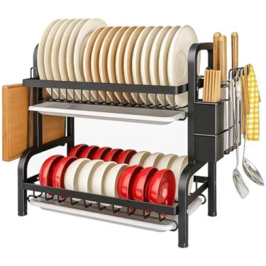 Imagem de Escorredor de Louça 16 Pratos c/Bandeja Coletora Preto 2 Andares Cozinha Gourmet Em Aço Ganchos P/Talheres - Yab