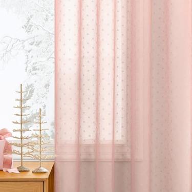 Imagem de Cortinas transparentes rosa 203 cm de comprimento, 2 painéis, lindas estampadas, blush, pêssego, rosa, transparente, bolinhas, painéis de janela para sala de estar, quarto, ilhós, lindas cortinas boho