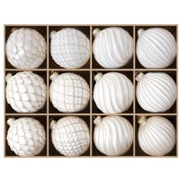 Imagem de DN DECONATION Conjunto de enfeites de bola de Natal de 30 a 8 cm, ornamentos de vidro branco e dourado com superfície 3D, decorações de Natal de vidro elegantes para árvores, decorações de inverno e