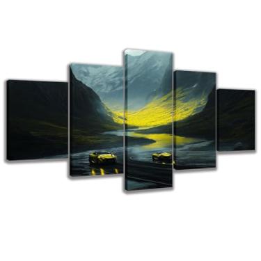 Imagem de Impressão artística em tela Two Gold Sports Cars Traveling Down The Road, 5 peças de pintura de parede escura estilo surrealista para sala de estar (Art-1, pequeno 102 x 50 cm sem moldura)
