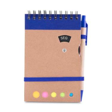Imagem de Kit com 10 Mini Caderno Kraft com 70 Folhas Pautadas + Sticky Notes Coloridos | Disco Rotativo de Dias da Semana | Caneta Sustentável em Papelão Reciclado | Escrita Azul | Compacto 14,5x9cm (Azul)