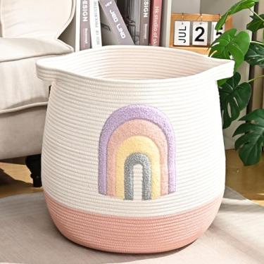 Imagem de Grande cesto de roupa suja para bebê, cesto de roupa arco-íris para bebês, cesta de armazenamento de brinquedos e cobertores, cestas de corda de algodão para organizar 43 x 39,9 cm