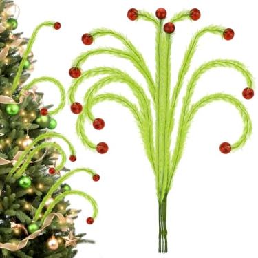 Imagem de Enfeite de árvore de Natal de elfo de 68,5 cm – 6 peças verde limão fofo encaracolado palhetas de árvore de Natal enfeites de enchimento com bolas vermelhas com glitter, para vaso de guirlanda em casa