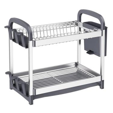 Imagem de Nieifi Escorredor de louça de 2 camadas, organizador de cozinha grande de aço inoxidável e alumínio