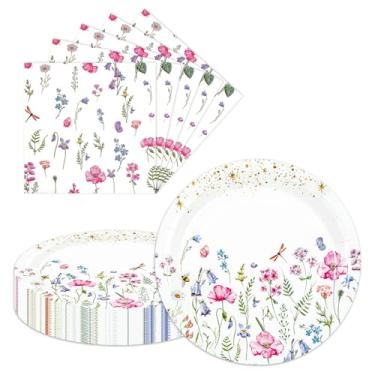Imagem de Conjunto de 40 pratos e guardanapos de papel de flores silvestres | Pratos de bolo florais de 50 x 18 cm e 20 guardanapos florais | Decorações elegantes de aniversário, casamento, festa para