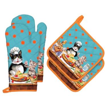 Imagem de Arquiel Conjunto de luvas de forno e suportes de panela fofos para gatos, 4 peças, 100% algodão, resistentes ao calor, luvas de forno extralongas para cozinha, cozinha, decoração de panificação