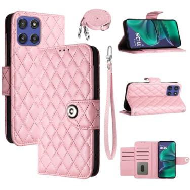 Imagem de Dswteny Capa carteira para Motorola Moto G Stylus 5G 2025 com alça de ombro, capa de celular de couro PU padrão Argyle para celular G5 meninas mulheres rosa