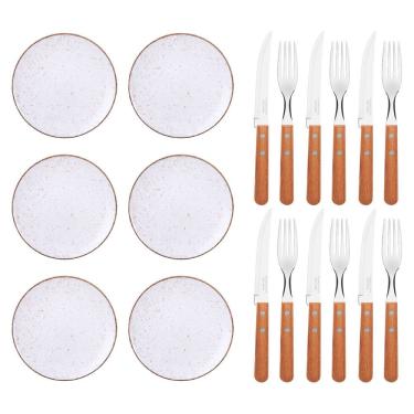 Imagem de Kit 6 Prato Raso Rústico 28 Cm E 12 Talheres Churrasco Tramontina