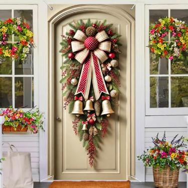 Imagem de BlissYard Capa de porta de sinos de Natal 188 x 89 cm Faixa de Natal para decoração interna externa grande cenário vertical com laço de ouro vermelho guirlanda de pinheiro jingle bells elegante