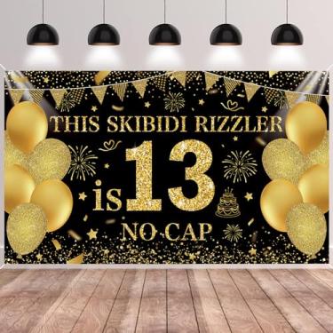 Imagem de SMENGGIL Black Gold This Skibidi Rizzler is 13 No Cap Happy Birthday Pano de Fundo Banner Fotografia Decorações de Fundo para Meninos Meninas 13º Ano Aniversário Acessórios de Festa Suprimentos 185 x