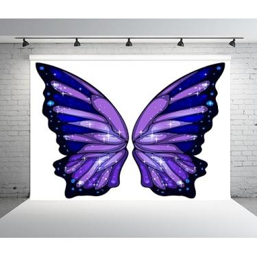 Imagem de BELECO Tecido de 2,1 x 1,5 m com asas de borboleta, asas de penas violeta sonhadoras em fundo branco, tema de borboleta, decorações de festa, aniversário, sessão de fotos, estúdio, adereços para fotos