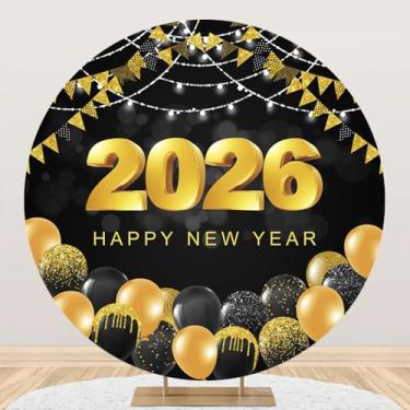 Imagem de DORCEV 2,2 x 2,24 m Feliz Ano Novo 2026 capa de fundo redondo poliéster preto e dourado balões bandeiras círculo fundo para fotografia luxo véspera de ano novo suprimentos de decoração de festa