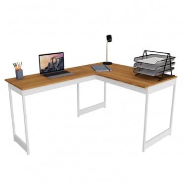 Imagem de Mesa Em L Estilo Industrial Escrivaninha De Canto Escritório Estudo Beni Camaleão (Nogal pés brancos)