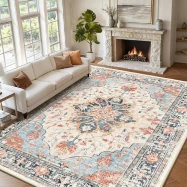 Imagem de RELEANY Area Rugs 2,5 m x 30,5 cm lavável aspirador de pó, antiderrapante, floral, vintage, estampa de angústia, tapete medalhão para sala de estar, quarto, bege, azul marinho, laranja, colorido
