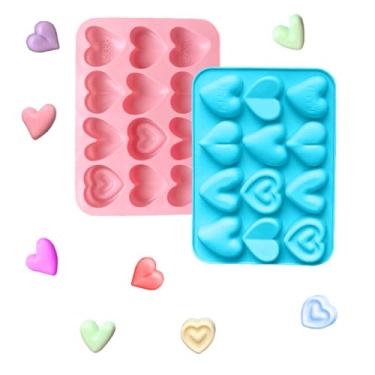Imagem de 2 moldes de silicone de coração para chocolate, 6 moldes de fondant de amor, para doces artesanais de bolo de gelatina e sabão de cera, 12 cavidades, rosa e azul