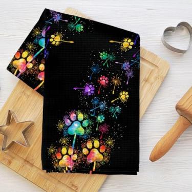Imagem de Toalhas de cozinha coloridas de pata de cachorro, toalha de prato de microfibra absorvente decorativa de dente-de-leão, toalhas de mão de trama de waffle para casa de banho, cozinha, presentes para