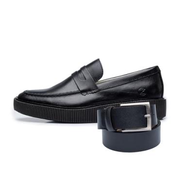 Imagem de Sapato Social Mocassim Masculino em Couro Sintético, Sola Tratorada 2cm, Estilo Elegante com Cinto (Black, BR, Adulto, Numérico, 42)