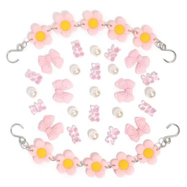 Imagem de 2 correntes de sapato de flores de PVC rosa para sandálias de tamanco, 25 peças de ursinho de goma, flores, pingentes de decoração de sapatos DIY para meninas, Borracha Resina, Sem Pedra Preciosa