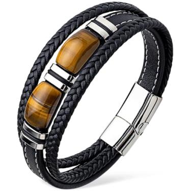 Imagem de VANFORWYN Pulseira masculina olho de tigre de couro trançado preto com proteção de pedra natural pulseira de aço inoxidável presente para ele, Large, Couro, Sem Pedra Preciosa