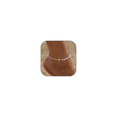 Imagem de GLMOCM Pulseiras de tornozelo com cruz de ouro para mulheres, banhado a ouro 18K, pequena, cruz, pérola, tornozeleira, praia, verão, simples, joia para os pés, presente para mulheres, One Size, Liga