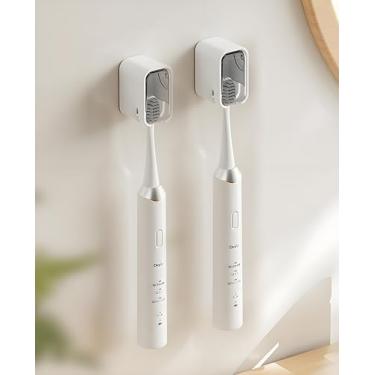 Imagem de Suporte de escova de dentes autoadesivo para banheiro - 2 peças de suporte de escova de dentes elétrico montado na parede com capa para chuveiro, compartimento único à prova de poeira, dispensador de