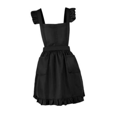 Imagem de SiaBiced retrô com babados para empregada doméstica, ideal para cosplay, restaurante e fantasias. Ajustável e com bolsos frontais, Preto