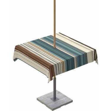 Imagem de Toalha de mesa quadrada com listras marrons bege azul-petróleo com orifício para guarda-chuva e zíper, capa de toalha de mesa estética boho moderna à prova d'água, protetor de mesa vintage para