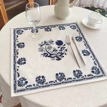 Imagem de Jogo americano quadrado para mesas de jantar, tapetes de mesa naturais de algodão e linho com flores azuis, resistentes ao calor, tapetes antiderrapantes para decoração de mesa de festa de casamento