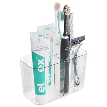 Imagem de Suporte de escova de dentes para bancada e parede de banheiro com adesivo, 5 compartimentos para escova de dentes elétrica tamanho familiar e suporte de pasta, suportes de corrida de dentes infantis e