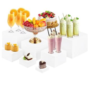 Imagem de RETON 8 peças de elevação de buffet, peças de elevação de acrílico para mesa de buffet, conjunto de suporte de exibição branco com fundo vazado, caixas de cubo para bolo catering sobremesa festa (7,6