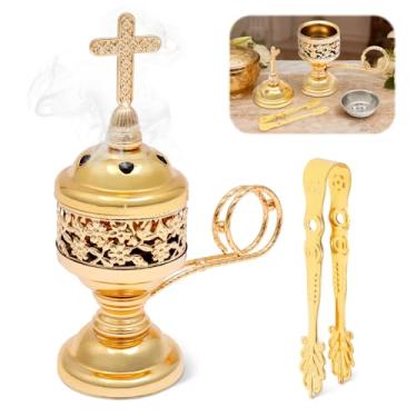 Imagem de Queimador de incenso tradicional, suporte de incenso de carvão de metal polido com pinça com alça, suporte para queimador de incensário de igreja, cruz de cones de incenso, ornamento de fragrância de