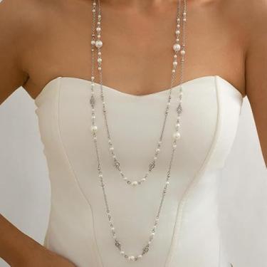 Imagem de Colares longos para mulheres, corrente de pérolas douradas e prateadas, contas em camadas, presentes de amizade, presentes para mulheres, presentes de Natal, Dia dos Namorados, Medium, Latão, Sem