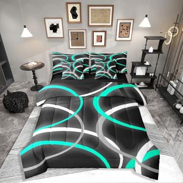 Imagem de Erosebridal Conjunto de edredom Circle Swirls retrô, preto, azul-petróleo, tamanho Queen, 7 peças | Conjunto de cama vintage listrado, estético, geométrico, abstrato, para homens, mulheres, crianças e