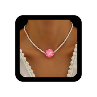 Imagem de Xduargs Colar Boho com contas de sementes havaianas, colar de flores tropicais, pequenos colares de corrente com contas de arroz, vintage, colares florais tropicais, joias para mulheres (rosa), Zinco
