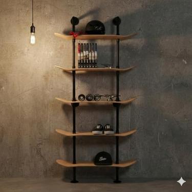 Imagem de Prateleiras industriais – Estante de tubo de decoração industrial de 5 camadas usando decks de skate de 7 camadas - acabamento de madeira natural - decoração de parede de banheiro, móveis de sala de