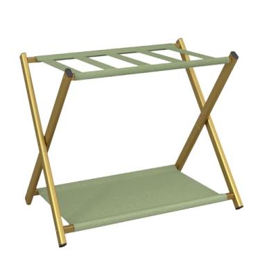 Imagem de IBUYKE Porta-malas para todos os tamanhos de mala, suporte dobrável com prateleira de armazenamento de tecido, fácil de montar para quarto, sala de estar, hotel, dourado TLR002G