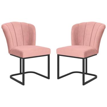 Imagem de Kit 2 Cadeiras Poltrona Flor Pés Metal Preto Mesa Quarto Cozinha Rosa