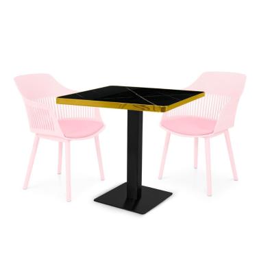 Imagem de Conjunto Mesa De Jantar Quadrada Venezia 70x70cm Preta Com 2 Cadeiras Estofadas Marcela - Rosa