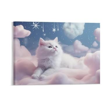 Imagem de HouLaiZhe Pôster de animal bonito gato branco rosa lona estética pôsteres decoração de quarto pintura de parede galeria decoração de parede para quarto sala de estar escritório 18 x 24 polegadas (45 x