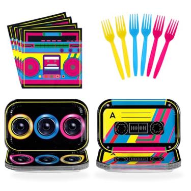 Imagem de Greencian 96 peças, decorações de festa dos anos 80, 90, fita cassete, pratos e guardanapos, retrô, música discoteca, artigos temáticos, hip hop, Kpop, utensílios de mesa descartáveis para decoração