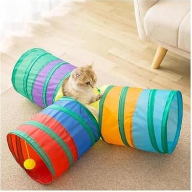Imagem de Túnel Interativo para Gatos, Portátil Dobrável, 3 Saídas em T, Colorido,Tubos e Túneis de Animais Pequenos, Rodas de Exercício para Animais Pequenos, Estímulo e Exercício