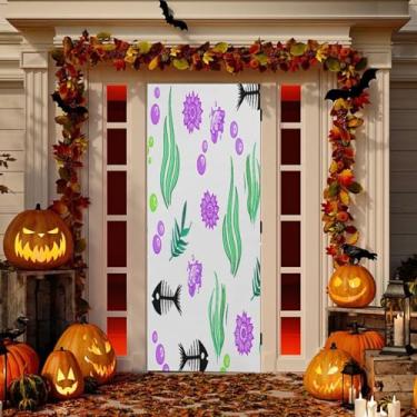 Imagem de Wassud Decoração de capa de porta de esqueletos de peixe desenho animado banner interno varanda decoração de casa grande decoração de porta da frente 96 x 98 polegadas
