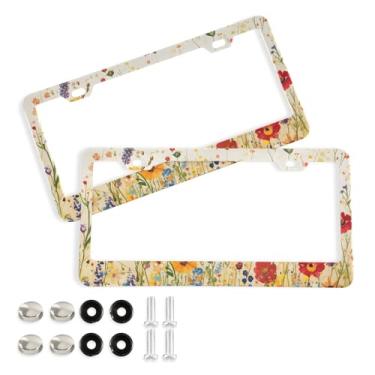 Imagem de CEBUGI Pacote com 2 molduras de placa de carro de alumínio capas de moldura de placa de carro com 2 furos flores silvestres acessórios automotivos para placas dianteiras e traseiras orifício elíptico