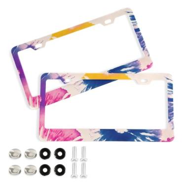 Imagem de CEBUGI Pacote com 2 molduras de placa de carro de alumínio capas de moldura de placa de carro com 2 furos coloridos tie-dye acessórios automotivos para placas dianteiras e traseiras orifício elíptico