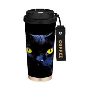 Imagem de YETTASBIN Caneca de café de viagem com isolamento térmico Black Cat 482 g com tampa canudo, copo à prova de derramamento e vazamento com alça para bebida quente e fria, garrafa de água de aço
