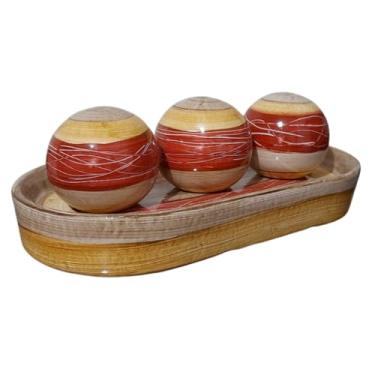 Imagem de Kit Decorativo Bandeja com bolas Cerâmica 4 Peças Acabamento Brilhante Enfeite Mesa(Laranja e amarelo)