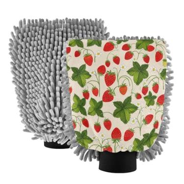 Imagem de STAYTOP Luvas de lavagem de carro de morangos fofas e coloridas, 2 peças, luvas de microfibra de chenille, sem arranhões, panos de esponja de lavagem ultra absorventes para carros, limpeza doméstica